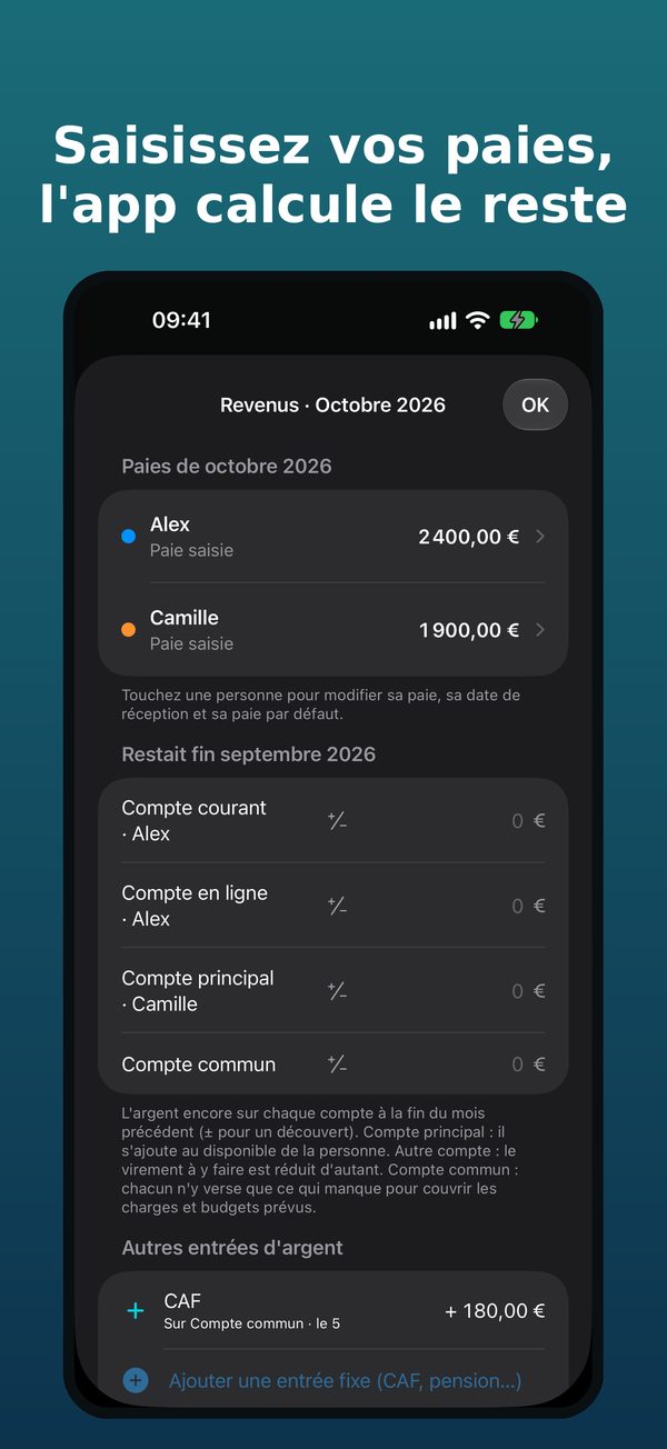 Saisissez vos paies, l'app calcule le reste : revenus du mois