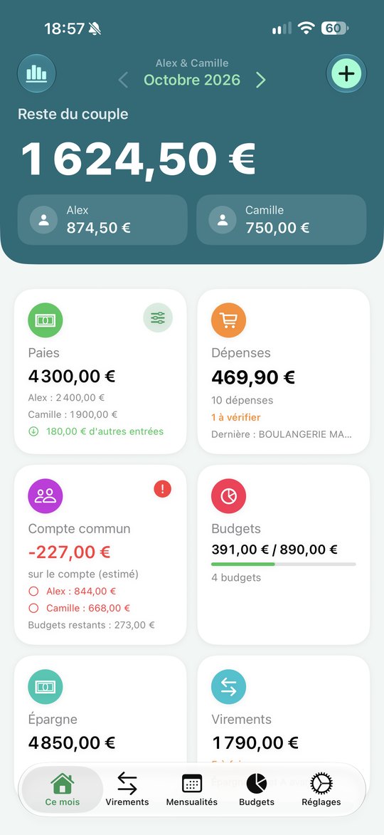 Accueil de l'app en mode démonstration : reste du couple, paies, dépenses, compte commun, budgets, épargne et virements
