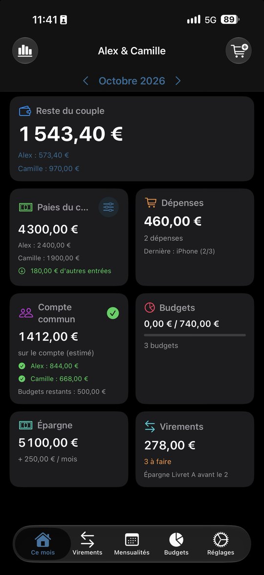 Accueil de l'app en mode démonstration : reste du couple, paies, dépenses, compte commun, budgets, épargne et virements