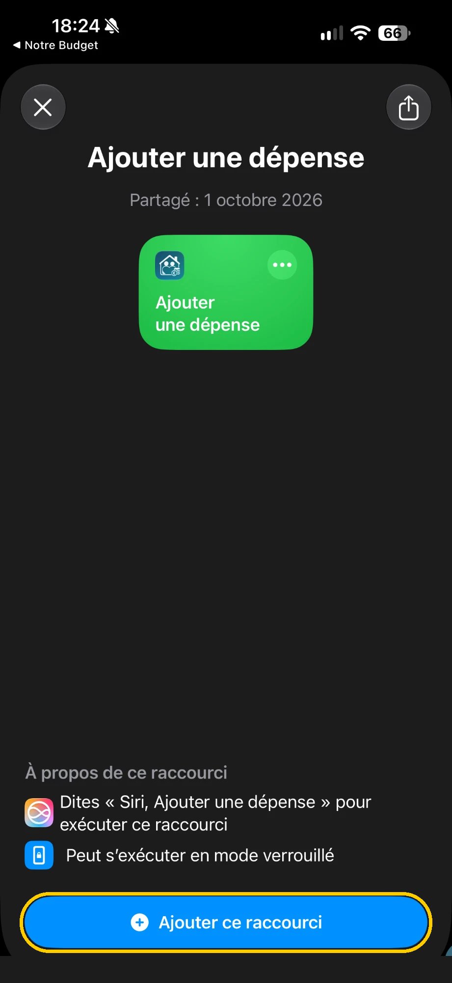 Raccourci partagé Ajouter une dépense, bouton Ajouter ce raccourci