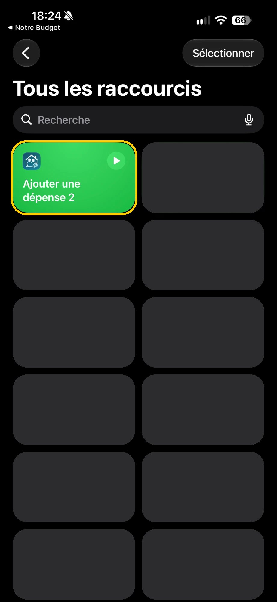 Liste des raccourcis, avec Ajouter une dépense de Notre Budget