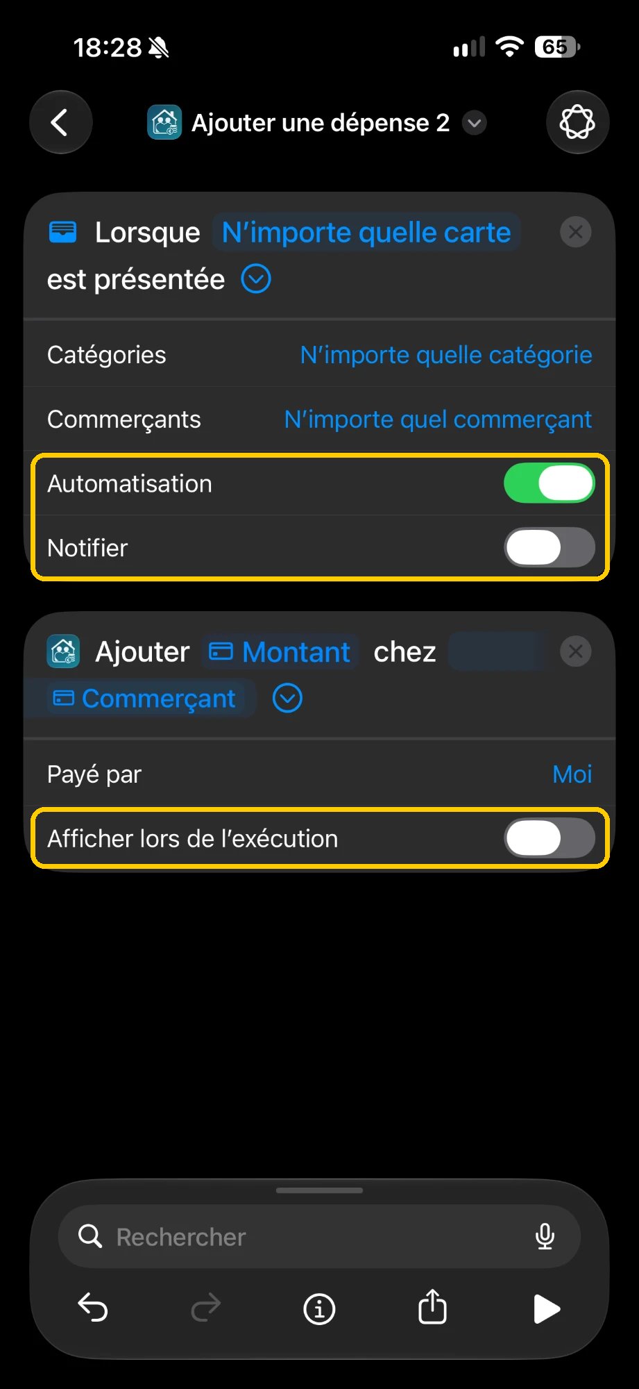 Réglages du raccourci : Automatisation activé, Notifier et Afficher lors de l'exécution désactivés