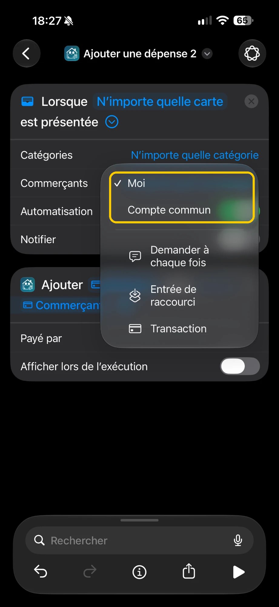 Menu Payé par : Moi ou Compte commun