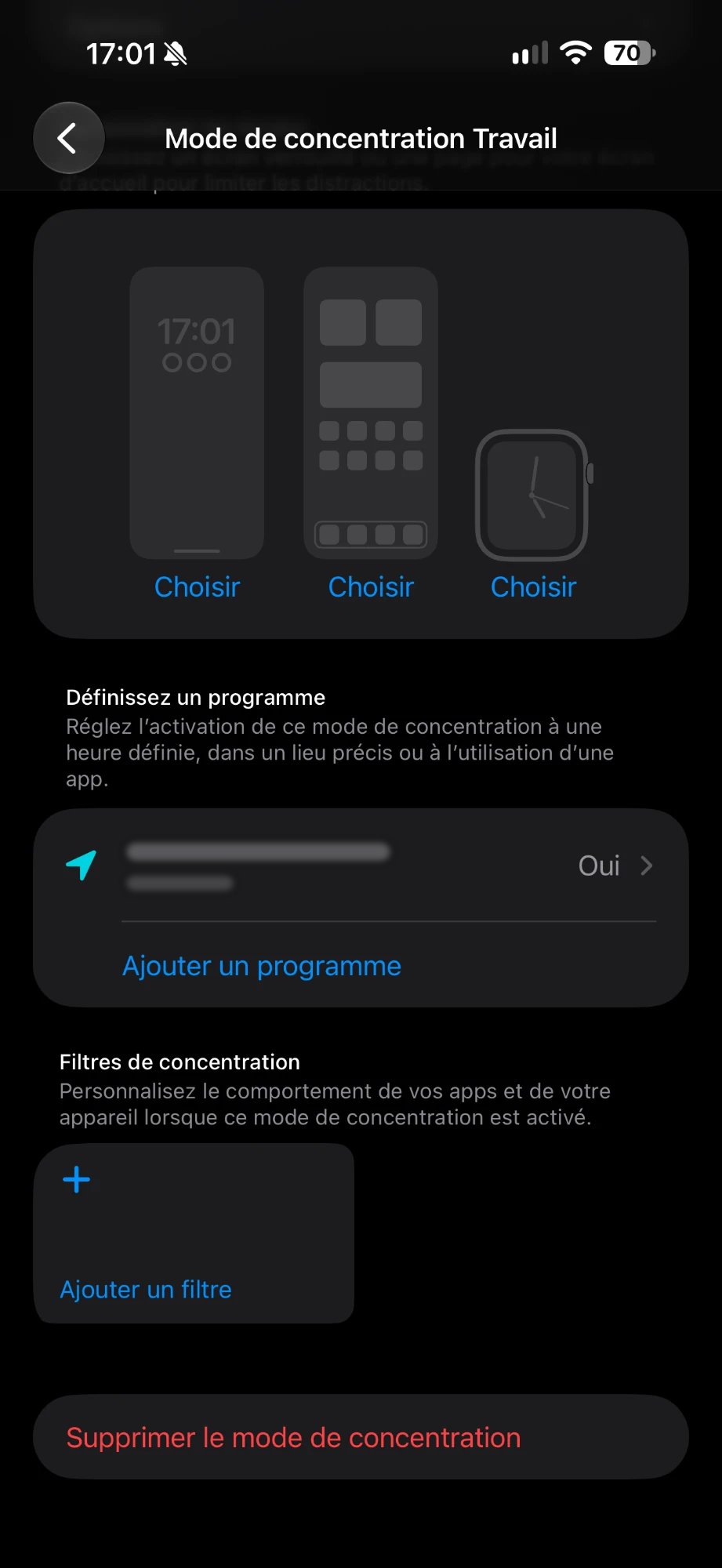 Réglages du mode Travail, bouton Ajouter un filtre en bas