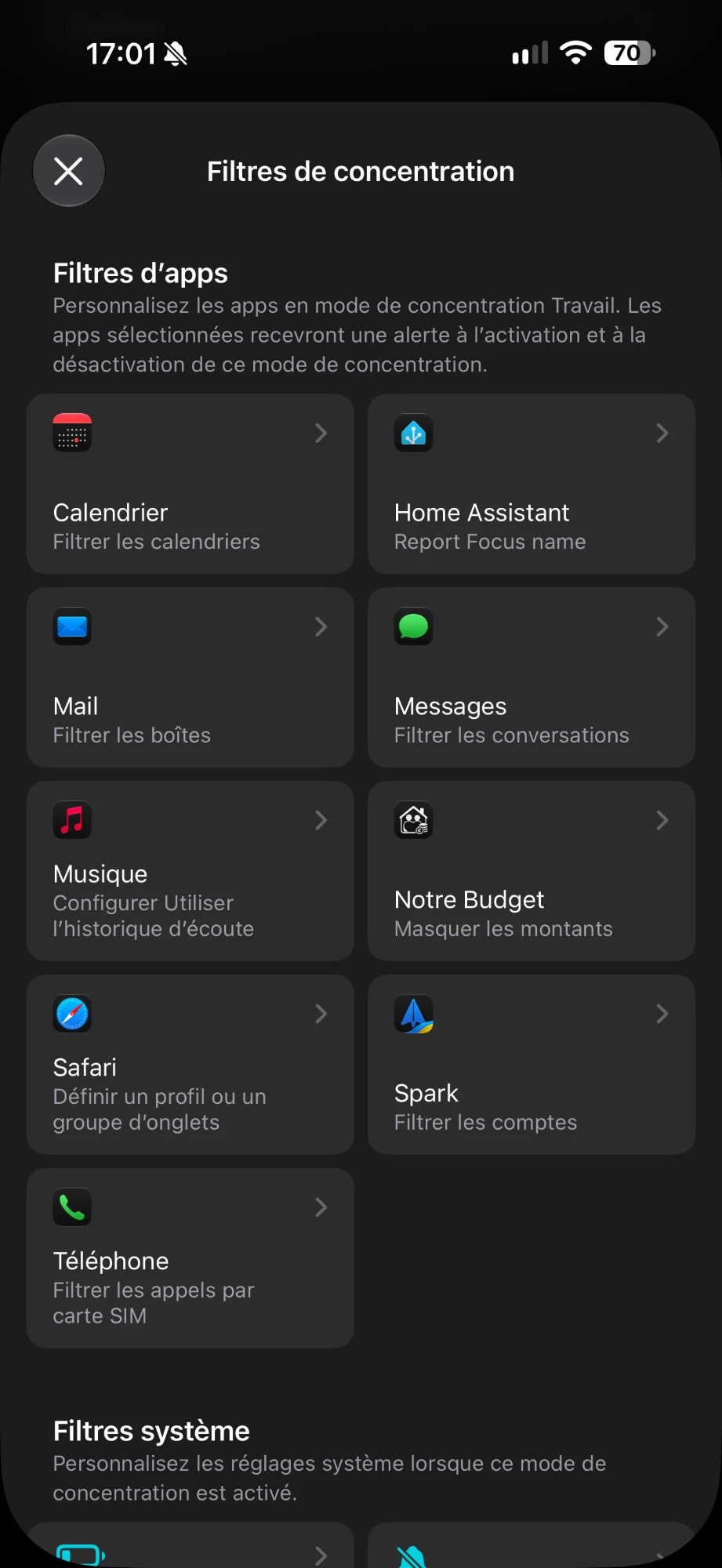 Liste des filtres d'apps, dont Notre Budget « Masquer les montants »