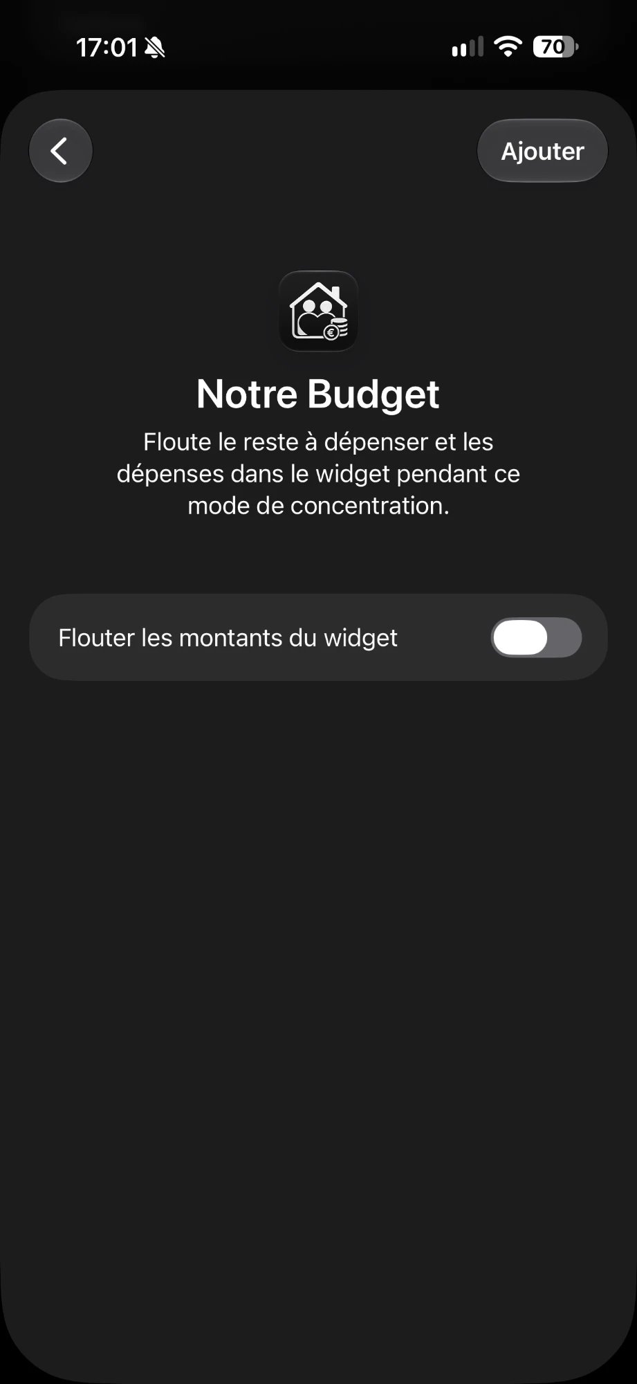 Filtre Notre Budget avec l'interrupteur Flouter les montants du widget